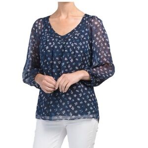 DIANE VON FURSTENBERG Davi Silk Blouse in Daisy Buds Tiny New Indigo L